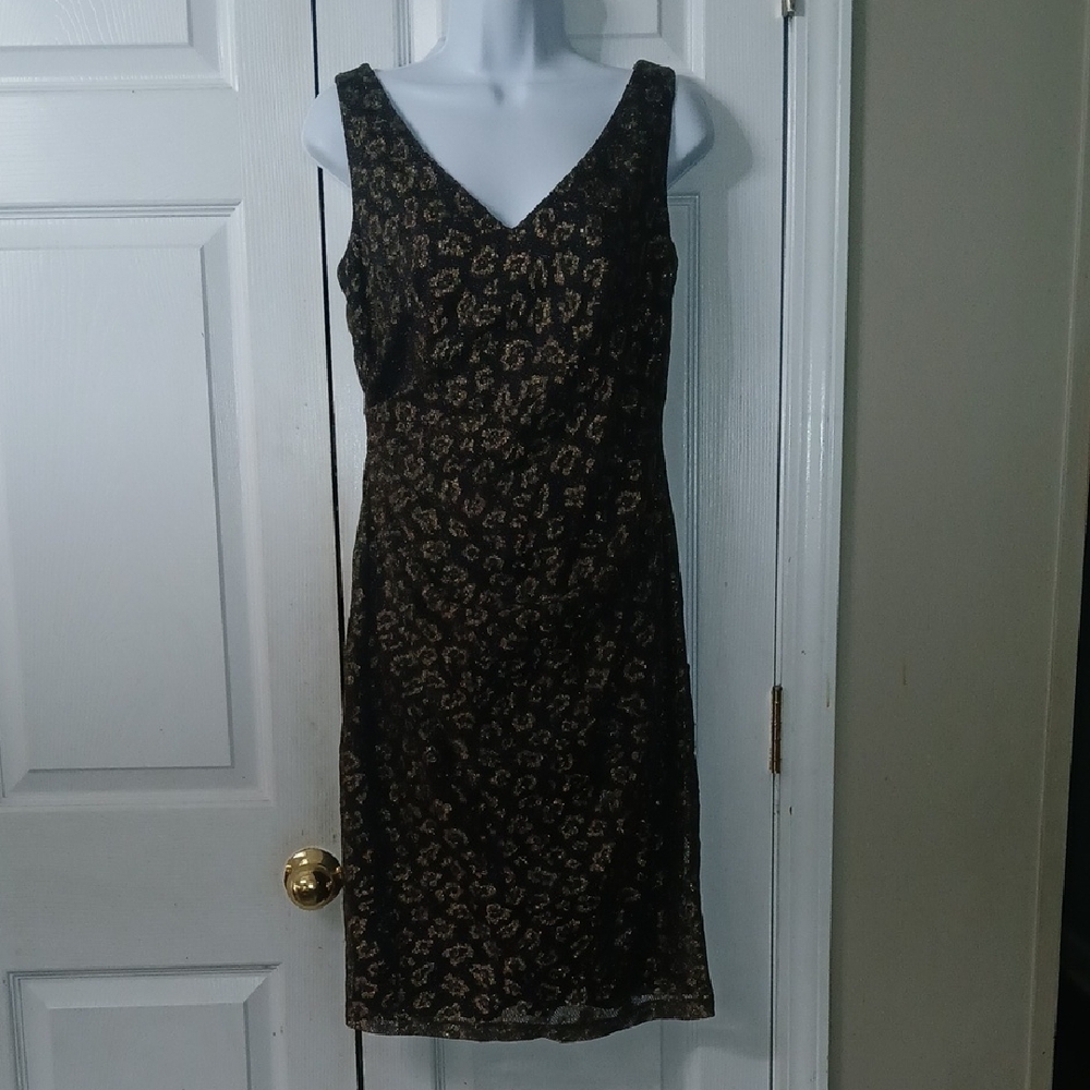 David Meister Navy Metallic Gold V neck rusched side midi Dress Sz 8 NWOT